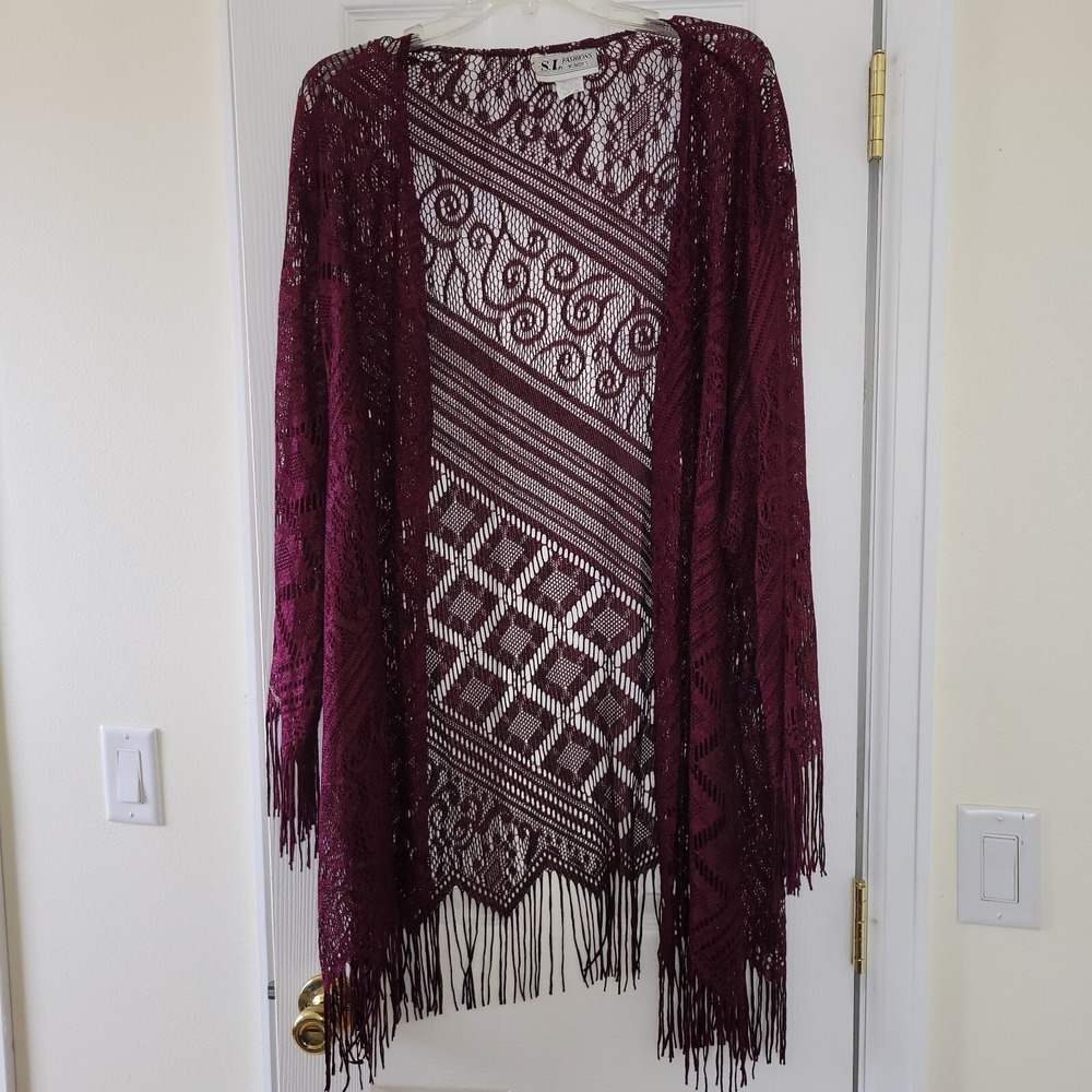 Womens 2pc Dress Set Burgundy Sheath Lace Fringe Size 20W Formal Goth Vamp - Picture 3 of 16